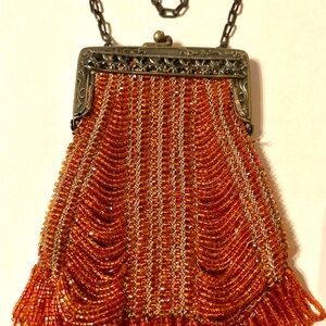 Vintage 1920's Art Deco French glass seed fringed, beaded evening bag